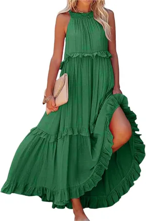 Maxi Dresses for Women 2025 Halter Flowy Ruffle Tiered Long Dress Casual Summer A Line Swing Beach Sundress