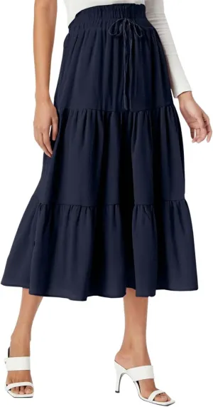 Maxi Skirt for Women Long Drawstring High Elastic Waist Ruffles A-Line Loose Solid Color Casual Midi Skirts Loungewear