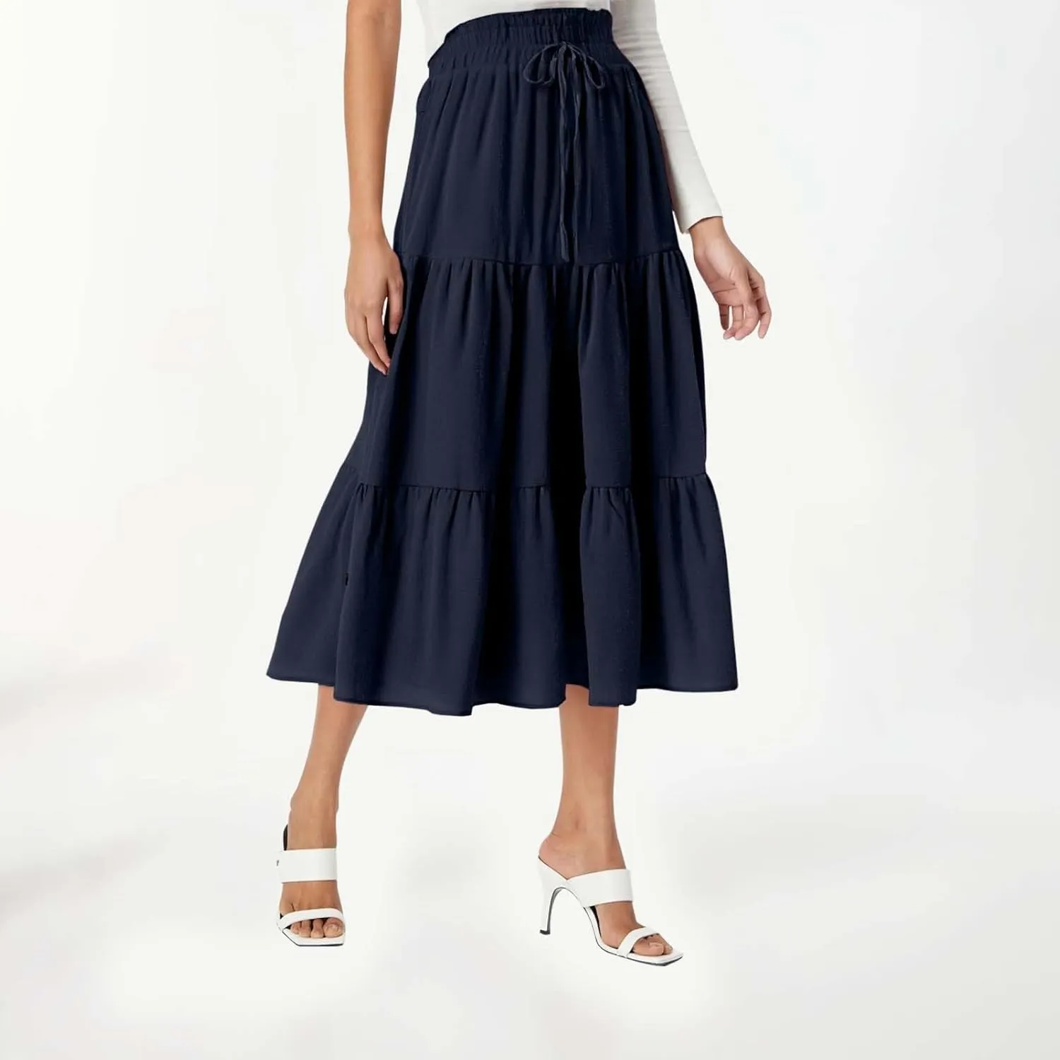 Maxi Skirt for Women Long Drawstring High Elastic Waist Ruffles A-Line Loose Solid Color Casual Midi Skirts Loungewear