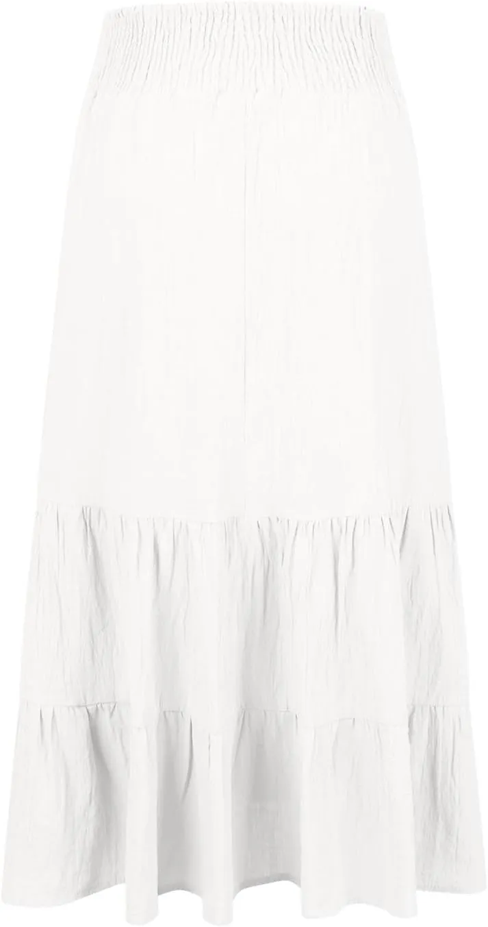 Maxi Skirts for Women Solid Color Ruffle Tiered Pleated Elastic High Waisted Skirt Summer Casual Flowy A Line Skirts