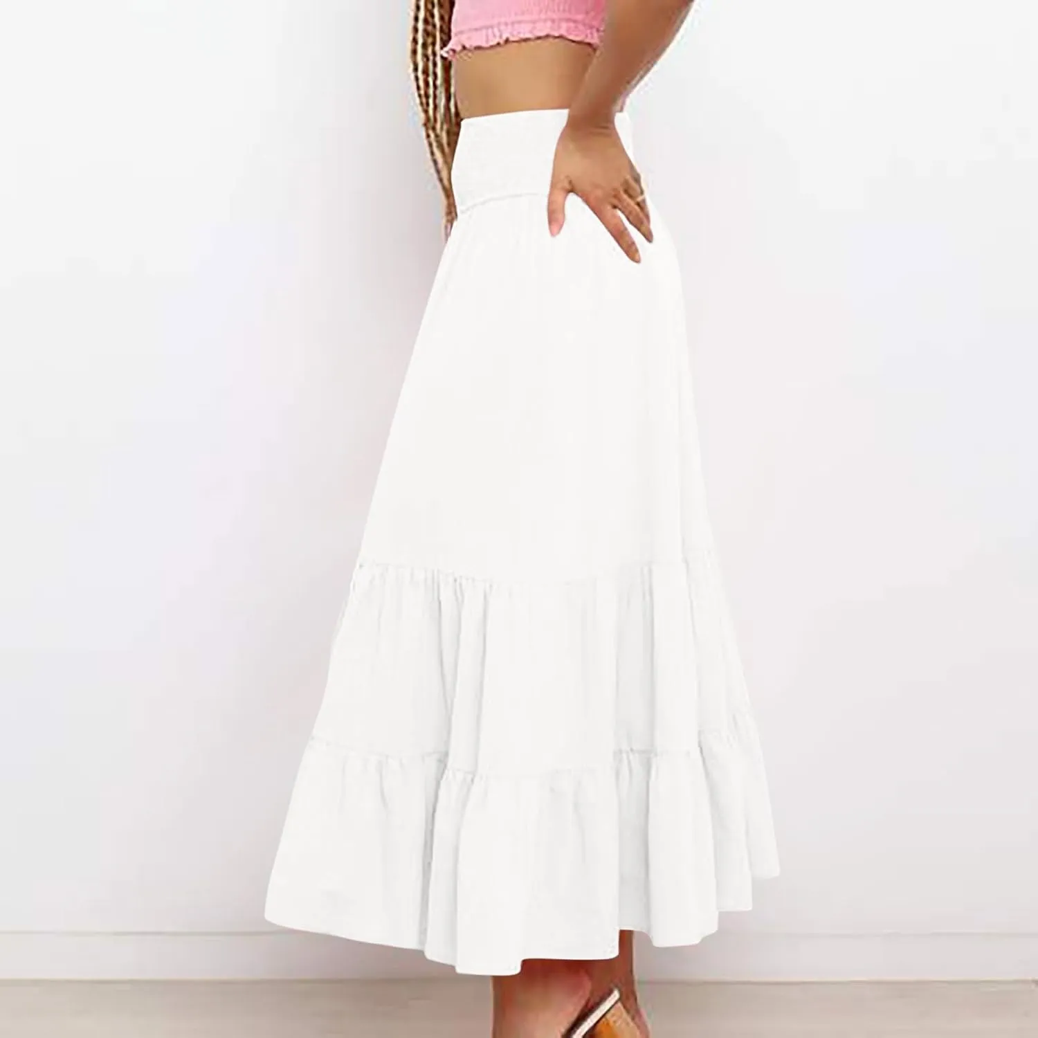 Maxi Skirts for Women Solid Color Ruffle Tiered Pleated Elastic High Waisted Skirt Summer Casual Flowy A Line Skirts