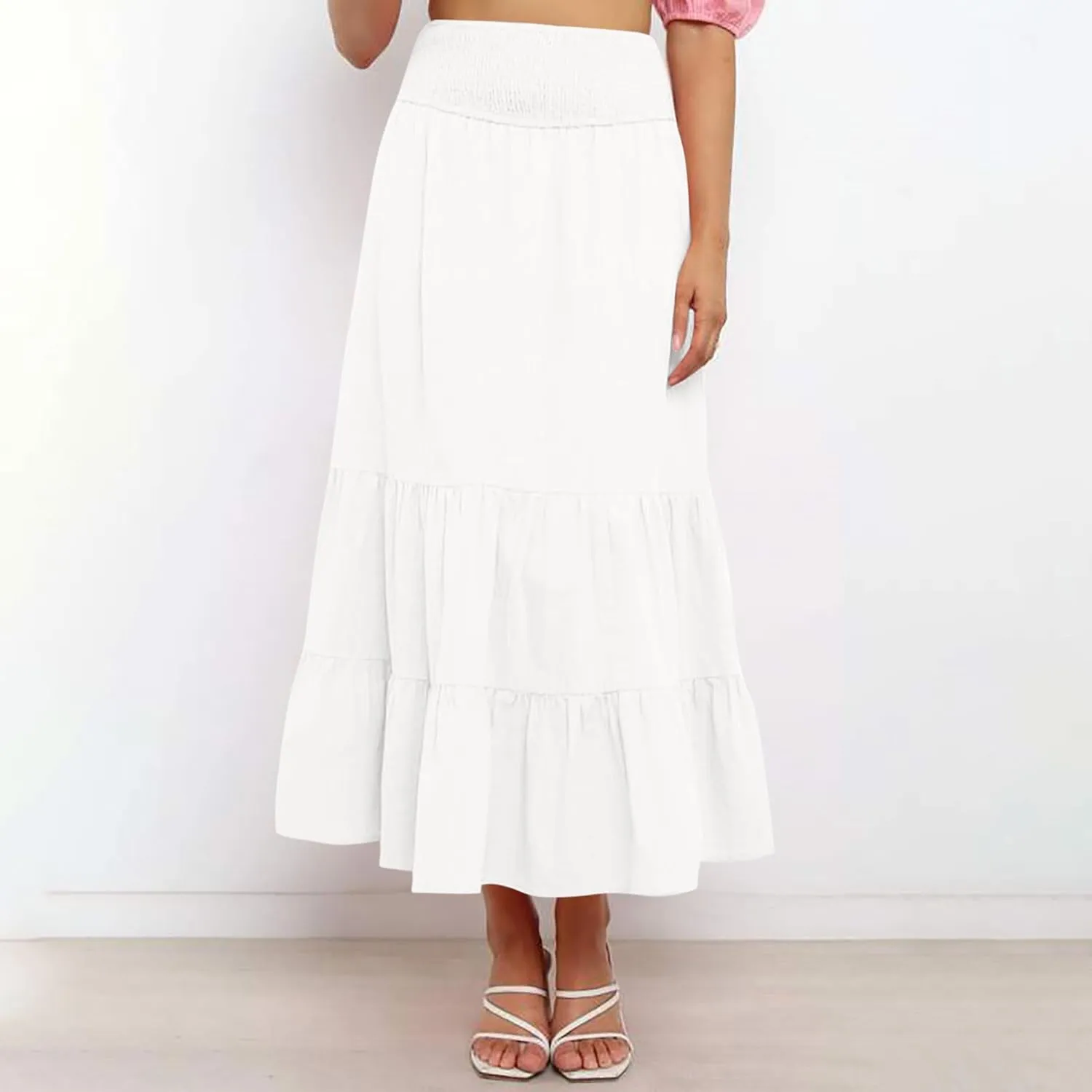 Maxi Skirts for Women Solid Color Ruffle Tiered Pleated Elastic High Waisted Skirt Summer Casual Flowy A Line Skirts