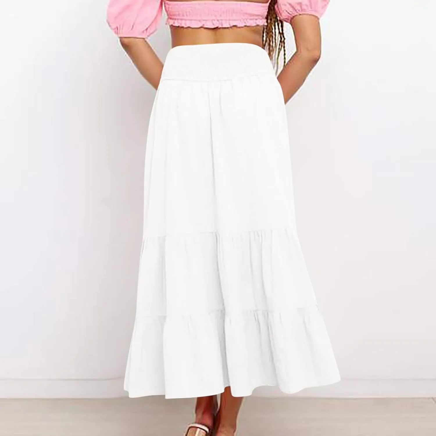 Maxi Skirts for Women Solid Color Ruffle Tiered Pleated Elastic High Waisted Skirt Summer Casual Flowy A Line Skirts