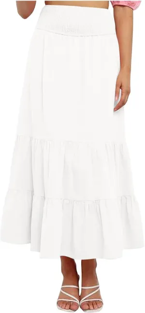 Maxi Skirts for Women Solid Color Ruffle Tiered Pleated Elastic High Waisted Skirt Summer Casual Flowy A Line Skirts