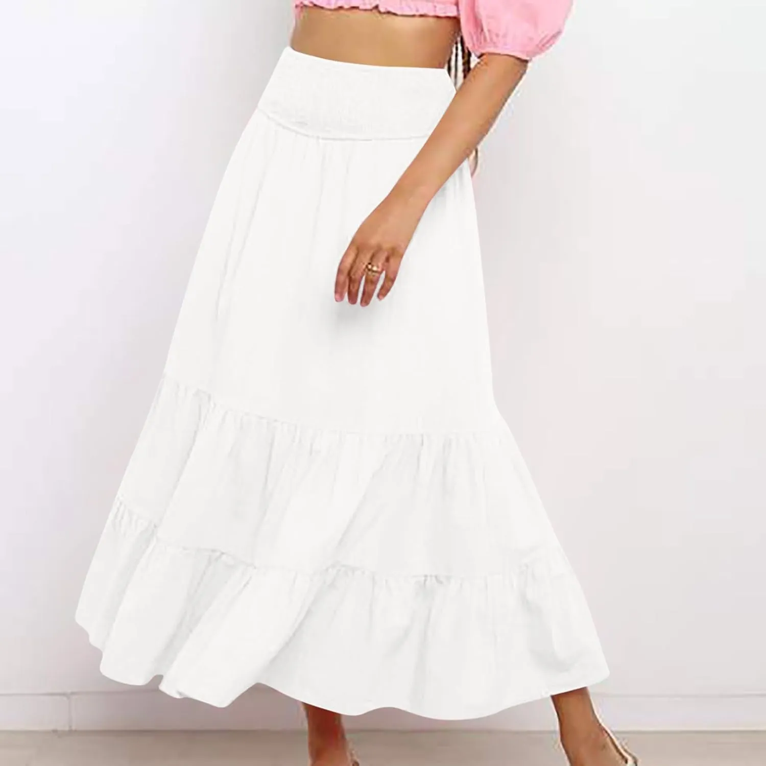 Maxi Skirts for Women Solid Color Ruffle Tiered Pleated Elastic High Waisted Skirt Summer Casual Flowy A Line Skirts