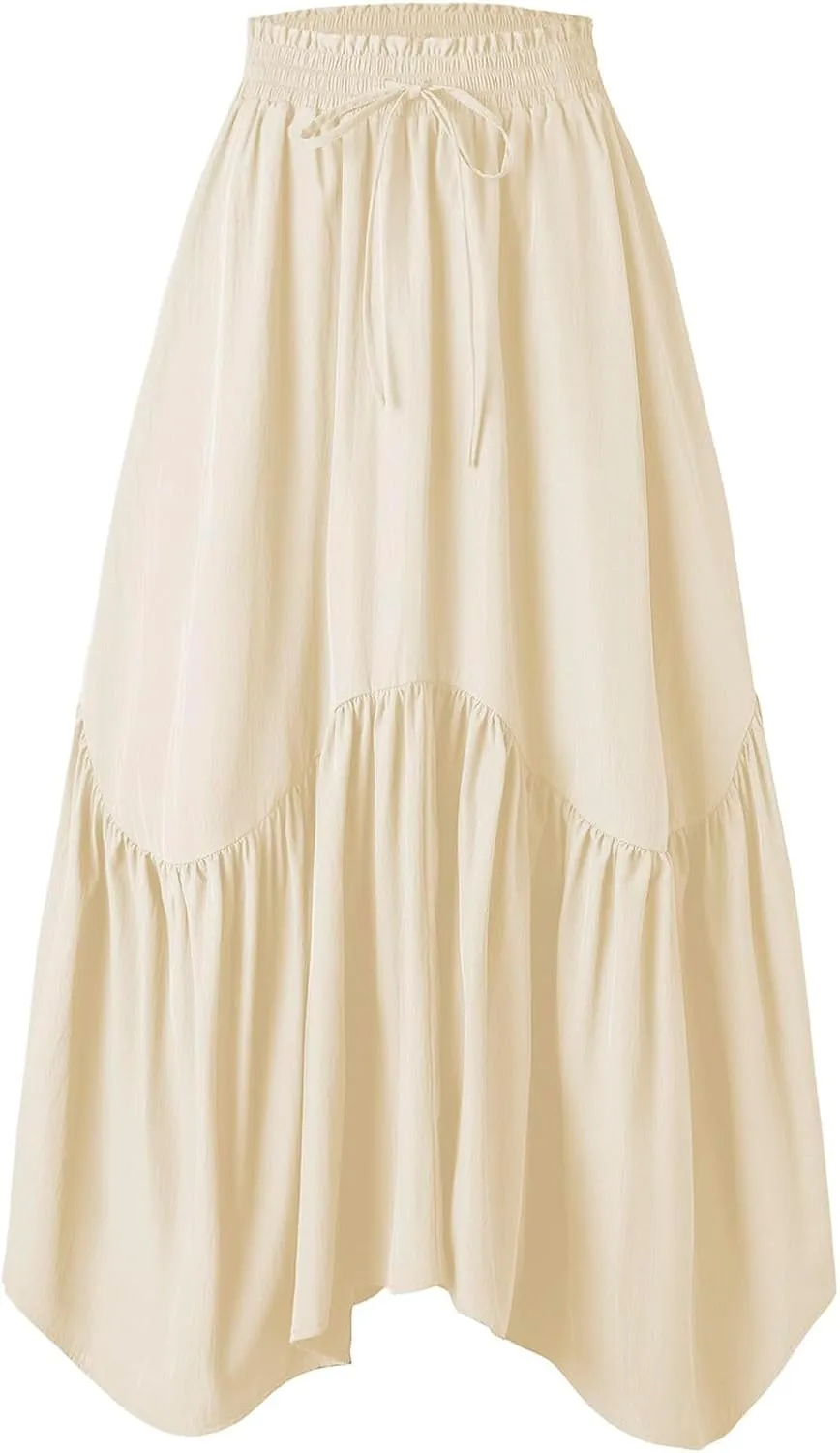Maxi Skirts for Women Summer Boho Flowy Swing Ruffle Tiered A-Line Drawstring Elastic Waist Pleated Long Skirt Dress
