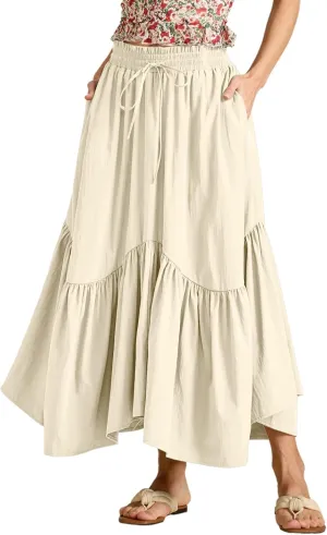 Maxi Skirts for Women Summer Boho Flowy Swing Ruffle Tiered A-Line Drawstring Elastic Waist Pleated Long Skirt Dress