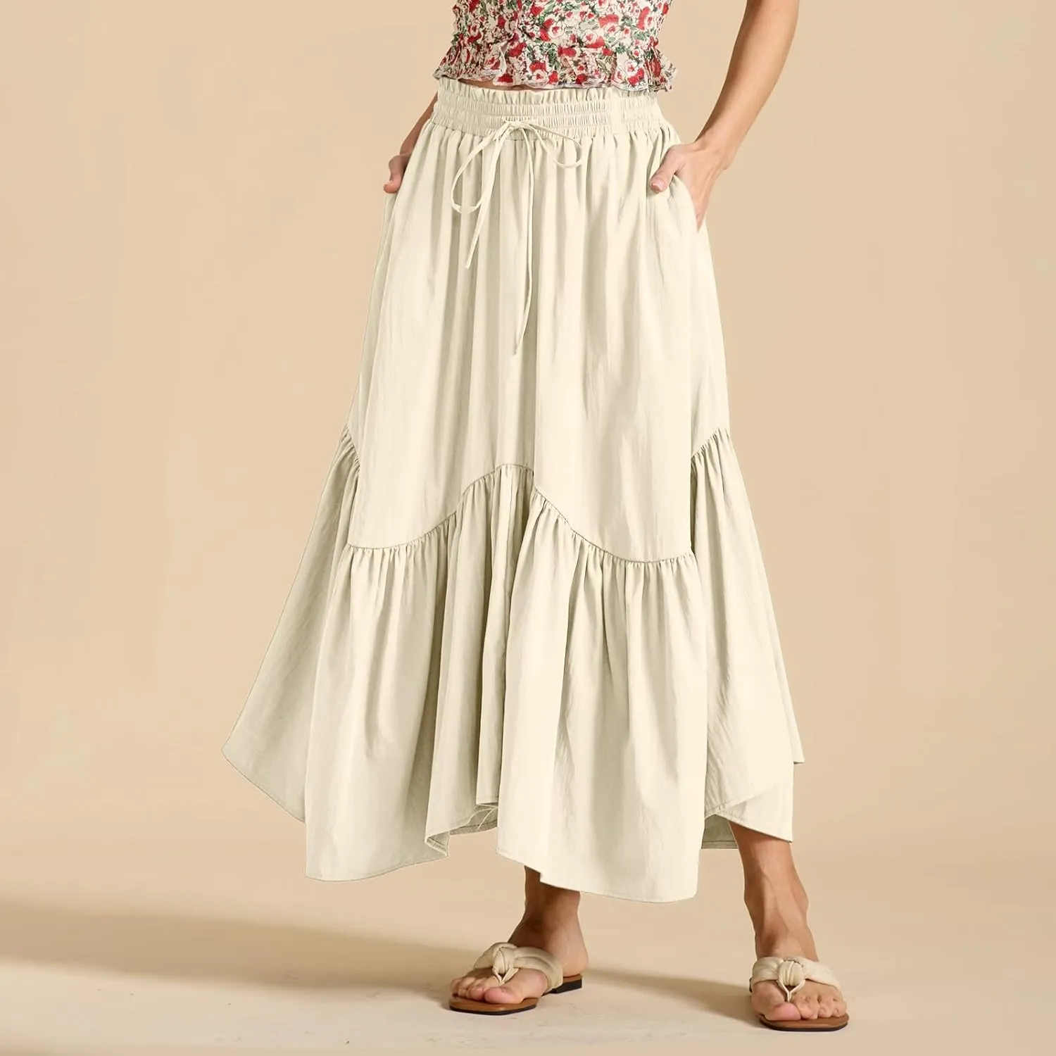 Maxi Skirts for Women Summer Boho Flowy Swing Ruffle Tiered A-Line Drawstring Elastic Waist Pleated Long Skirt Dress