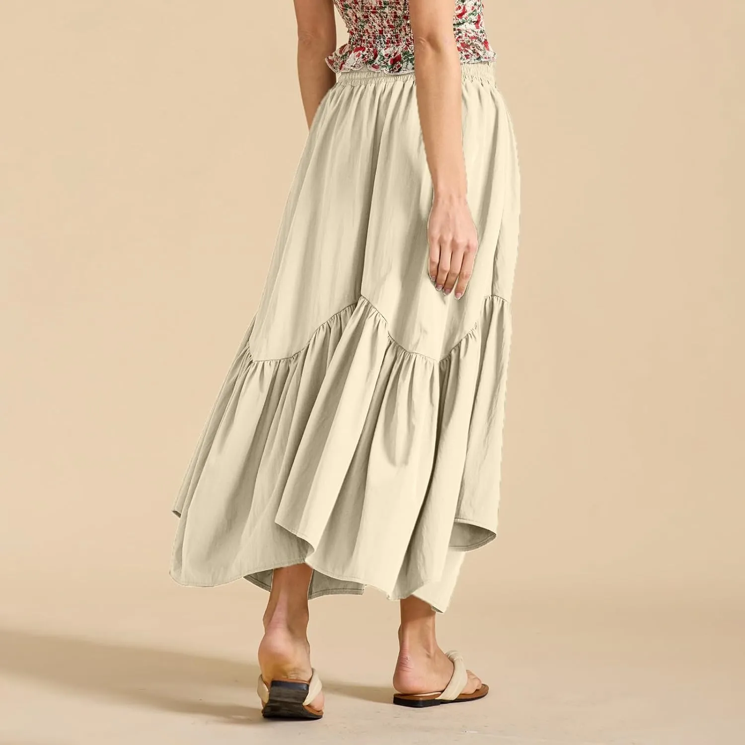 Maxi Skirts for Women Summer Boho Flowy Swing Ruffle Tiered A-Line Drawstring Elastic Waist Pleated Long Skirt Dress