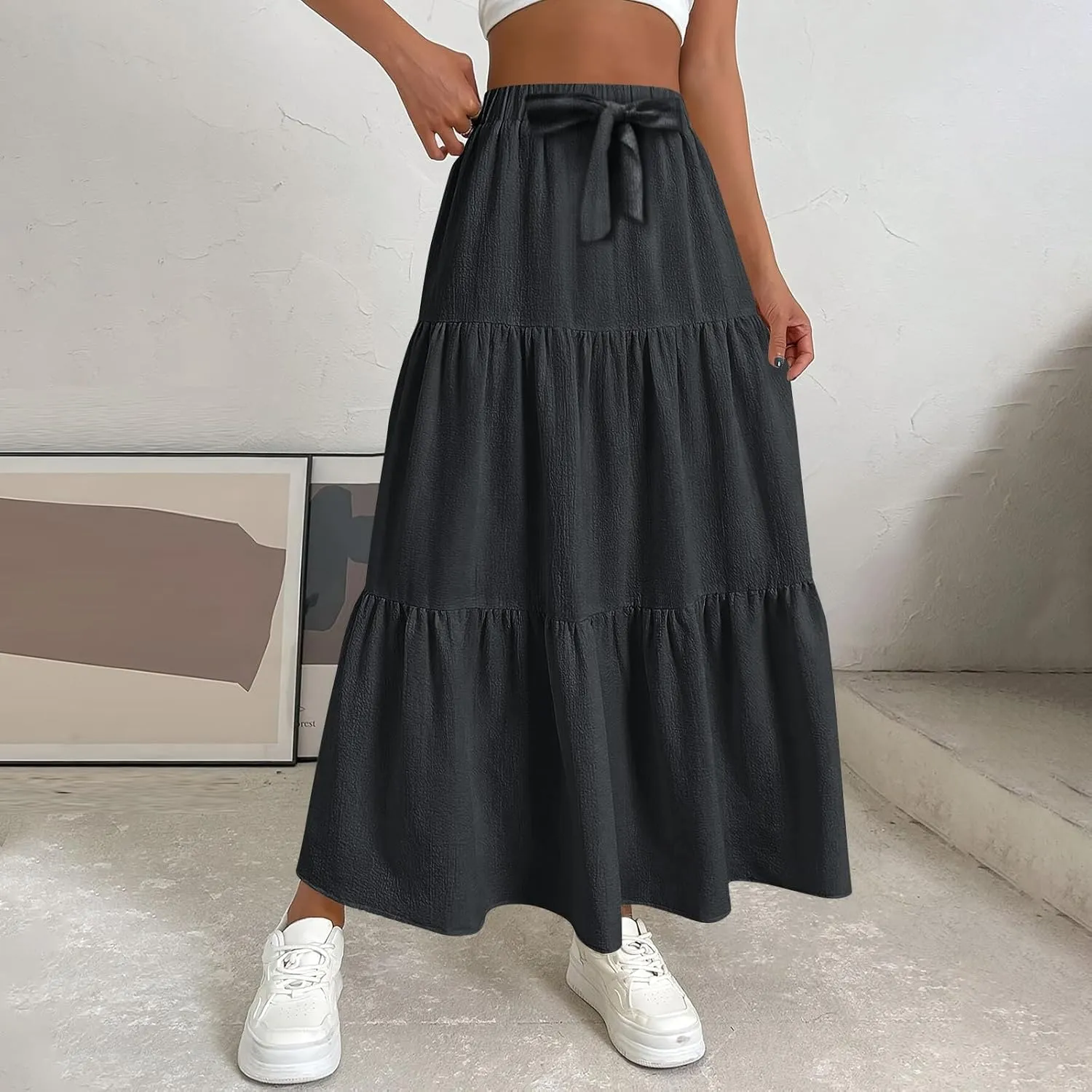 Maxi Skirts for Women Summer Drawstring Elastic High Waisted Ruffle Layered Tiered A Line Skirts Work Long Skirt