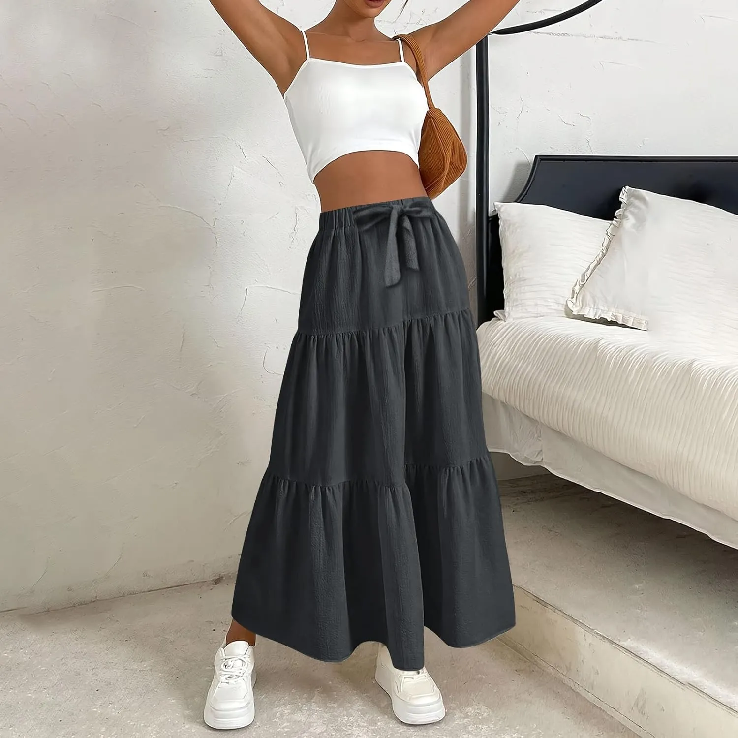 Maxi Skirts for Women Summer Drawstring Elastic High Waisted Ruffle Layered Tiered A Line Skirts Work Long Skirt