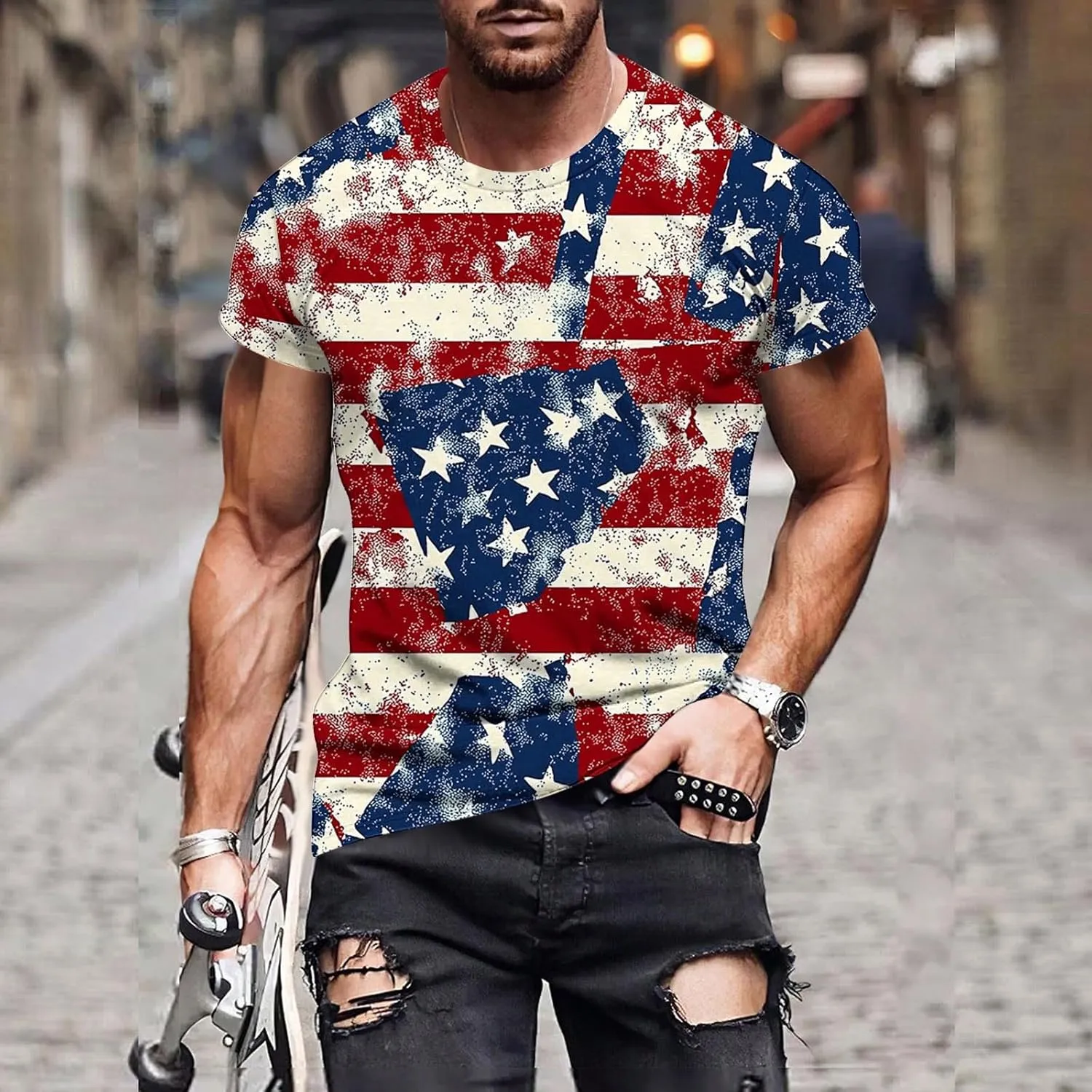 Men's American Flag Print Golf T-Shirt Casual Short Sleeve Summer Zip Up Lapel Beach Muscle Tee Shirts