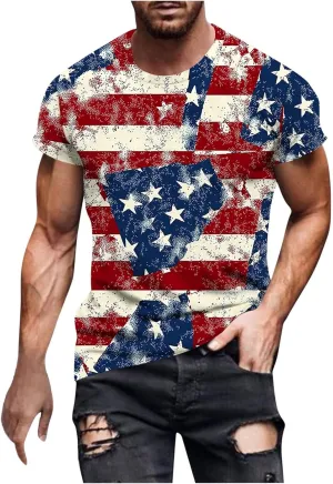 Men's American Flag Print Golf T-Shirt Casual Short Sleeve Summer Zip Up Lapel Beach Muscle Tee Shirts