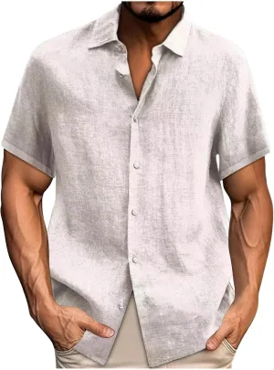 Mens Button Down Shirt Short Sleeve Casual Cotton Linen Tops Summer Beach Baggy V-Neck Tee Top 2024 Trendy Clothes