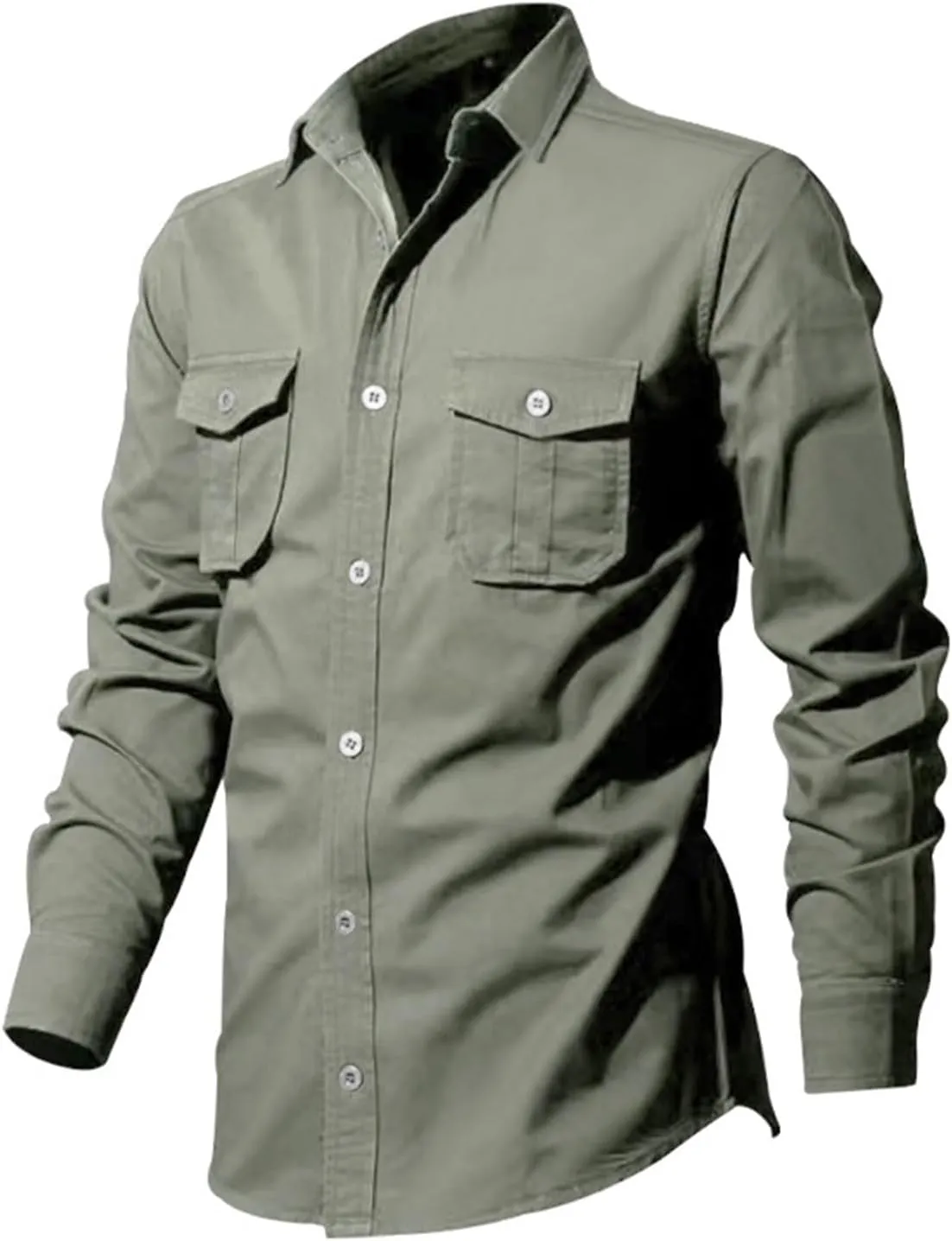 Mens Casual Button Down Shirt Loose Long Sleeve Cargo Work Shirts Travel Hunting Fishing Blouse Tees with 2 Pocket