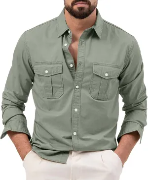 Mens Casual Button Down Shirt Loose Long Sleeve Cargo Work Shirts Travel Hunting Fishing Blouse Tees with 2 Pocket