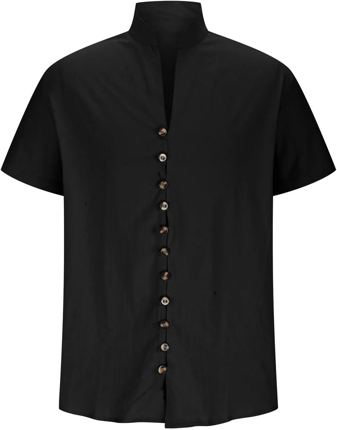 Mens Casual Cotton Linen Shirt Short Sleeve Button Down Shirt Summer Beach Hawaiian Shirts Stand Collar Guys Solid Color Tops