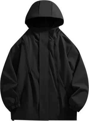 Mens Casual Hooded Jacket Performance Waterproof Windproof Lightweight Coat Long Sleeve Zipper Outdoor Sport Jacket