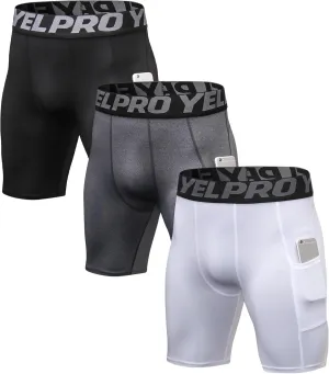 Men’s Compression Shorts with Pocket 1/3 Pack- Running Athletic Workout Underwear Shorts Spandex Sport Tight Shorts