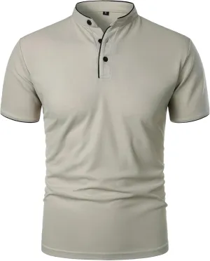 Men's Cotton Short Sleeve Polo Shirts Fashion Casual Band Collar T-Shirts Slim Fit Lightweight Basic Tees Tops