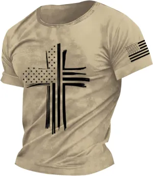 Men's Cross Print Short Sleeve T Shirt Crew Neck Vintage Jesus Printed Shirts Faith Christian Summer Casual Tops