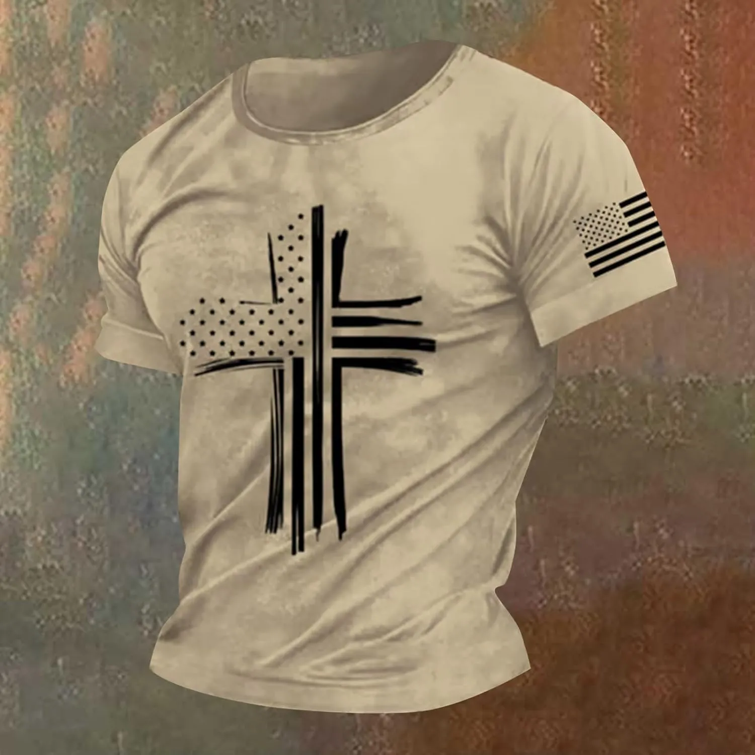 Men's Cross Print Short Sleeve T Shirt Crew Neck Vintage Jesus Printed Shirts Faith Christian Summer Casual Tops