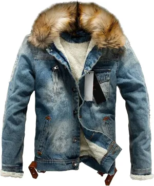 Mens Denim Jacket Plus Cotton Warm Fur Collar Sherpa Lined Denim Coat Vintage Fleece Cowboy Jean Jackets