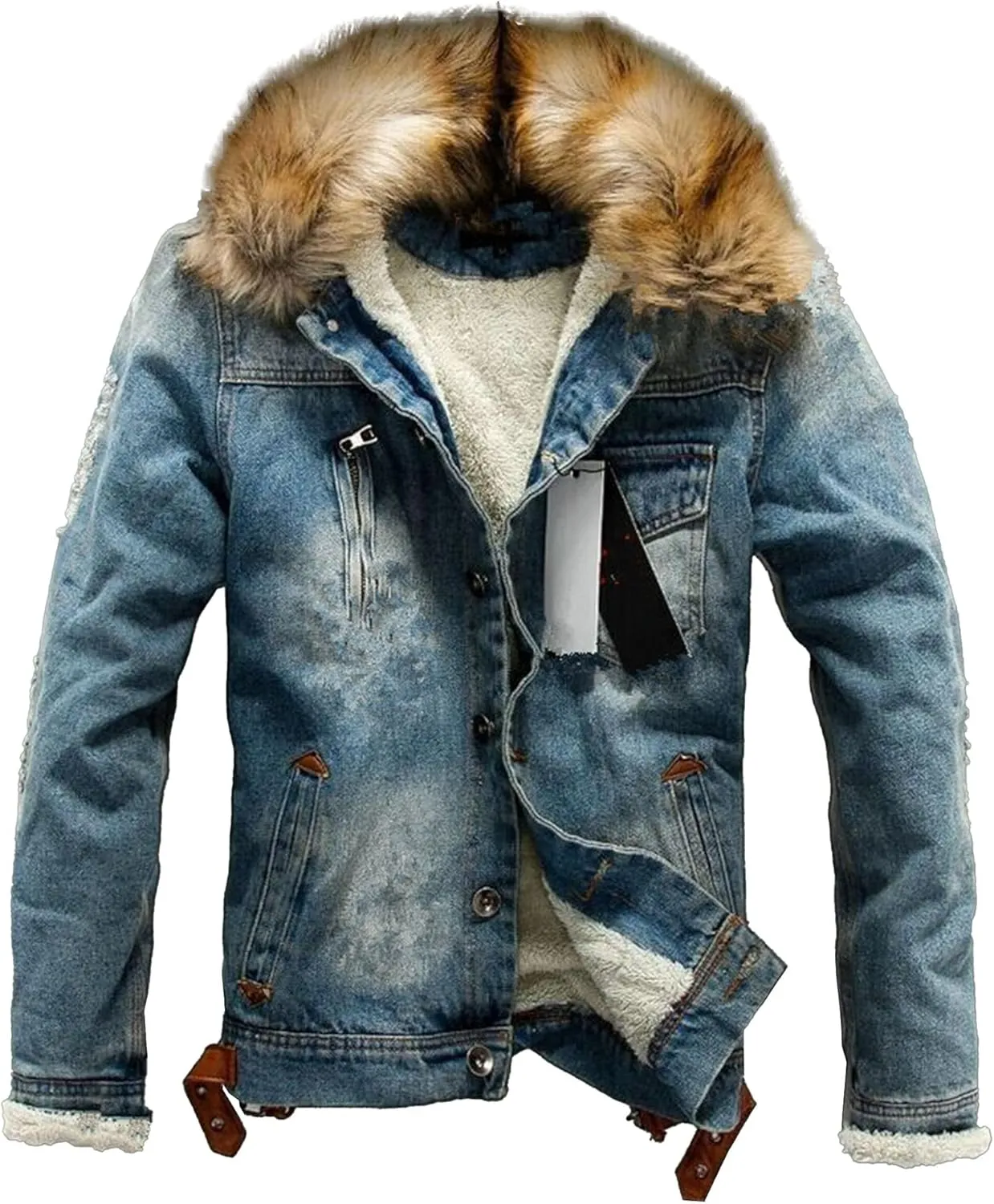 Mens Denim Jacket Plus Cotton Warm Fur Collar Sherpa Lined Denim Coat Vintage Fleece Cowboy Jean Jackets
