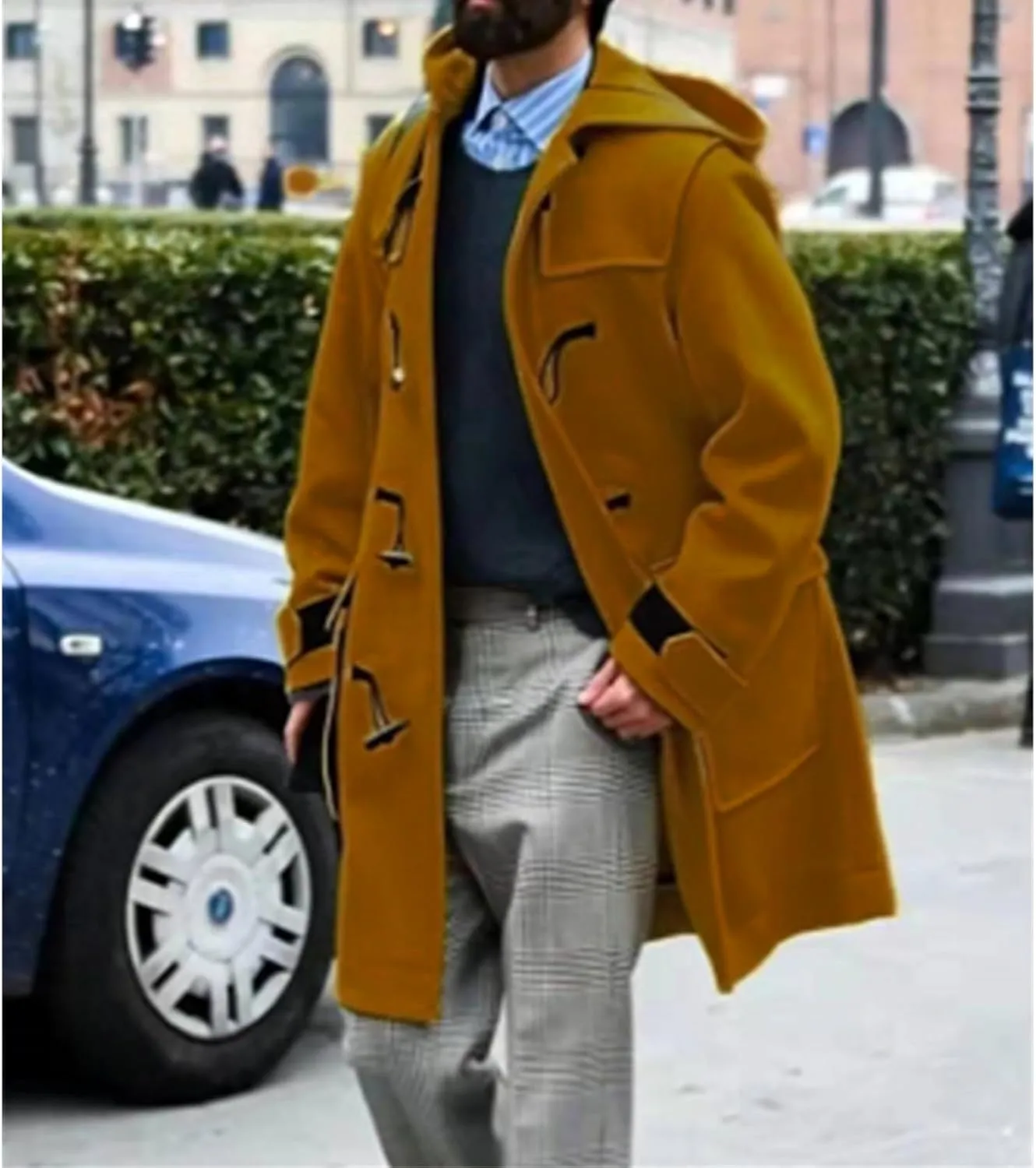 Mens Duffle Coat Wool Blend Single Breasted Walking Toggle Coats Mid Long Trench Coat with Hood for Big and Tall Men