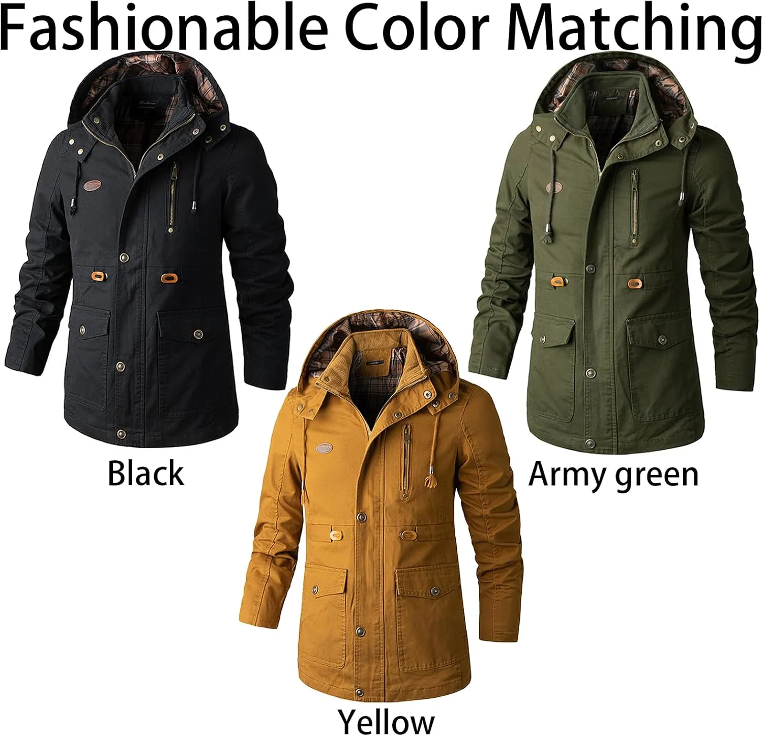 Men's Fall Casual Multi-Pocket Cotton Military Utility Jacket Relaxed Fit Lined Hooded Coat Warm Jacket