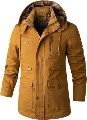 Men's Fall Casual Multi-Pocket Cotton Military Utility Jacket Relaxed Fit Lined Hooded Coat Warm Jacket