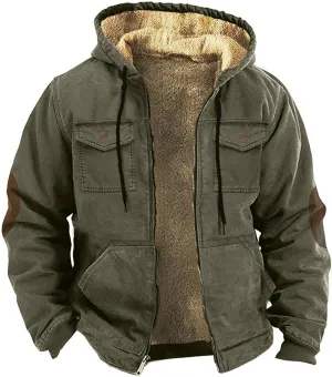 Mens Fleece Hooded Sherpa Lined Jacket Winter Vintage Distressed Long Sleeve Zipper Heavyweight Jackets with Pockets