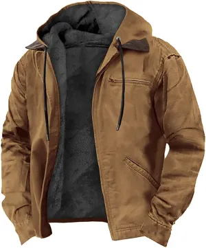 Mens Fleece Hooded Sherpa Lined Jacket Winter Vintage Distressed Long Sleeve Zipper Heavyweight Jackets with Pockets