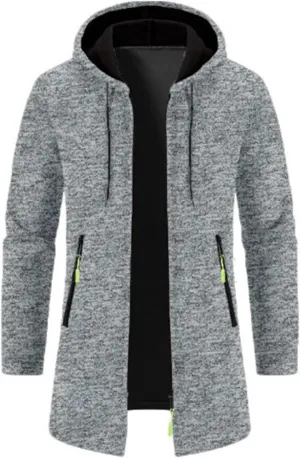 Mens Fleece Hoodie Long Zip Up Knit Cardigan Plus Size Jacket Winter Cardigan Coat Thermal Fashion Drawstring Coat