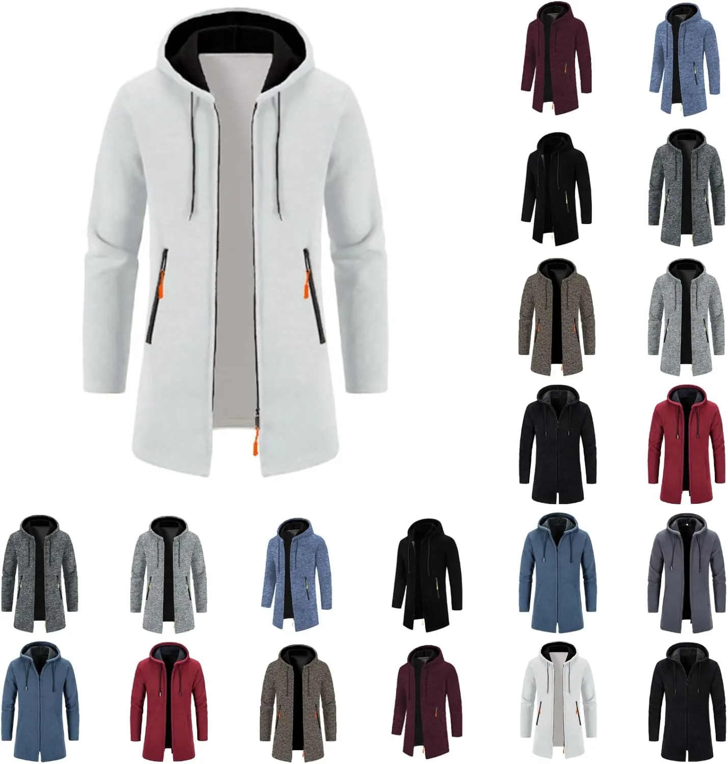 Mens Fleece Hoodie Long Zip Up Knit Cardigan Plus Size Jacket Winter Cardigan Coat Thermal Fashion Drawstring Coat
