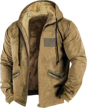 Men'S Fleece Jackets & Coats Heated Solid Color Flag Print Autumn Winter Casual Zipper Hooded Jacket