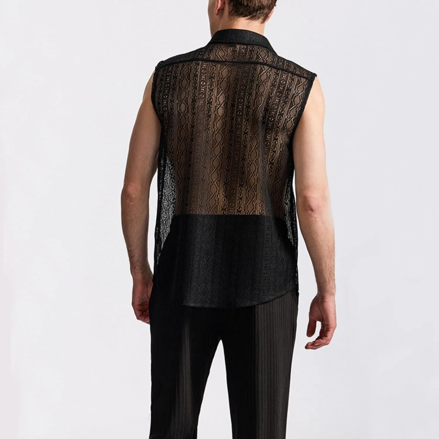 Mens Floral Lace Shirt Sleeveless Hollow Out Sheer Moisture Wicking Top See Through Casual Button Down Shirts 2025 Summer