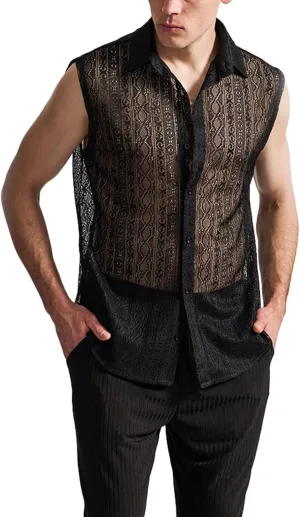 Mens Floral Lace Shirt Sleeveless Hollow Out Sheer Moisture Wicking Top See Through Casual Button Down Shirts 2025 Summer