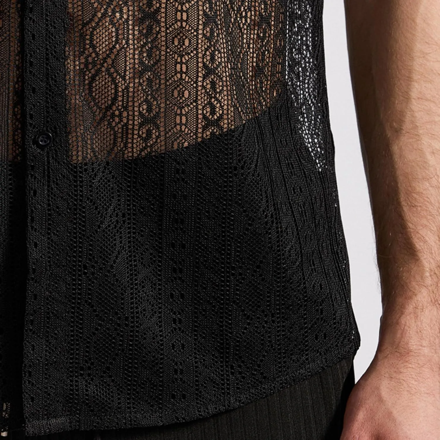 Mens Floral Lace Shirt Sleeveless Hollow Out Sheer Moisture Wicking Top See Through Casual Button Down Shirts 2025 Summer