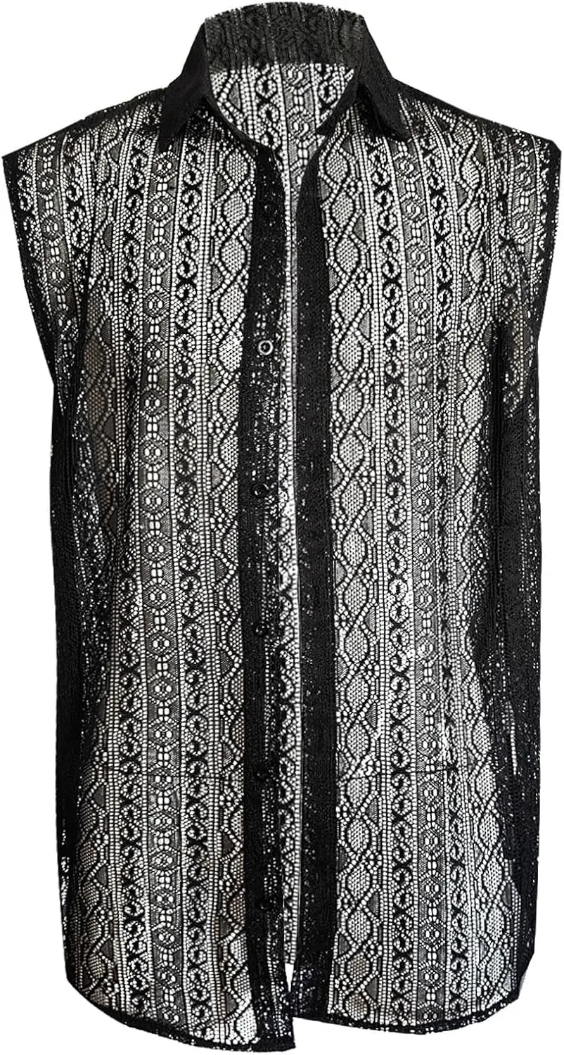 Mens Floral Lace Shirt Sleeveless Hollow Out Sheer Moisture Wicking Top See Through Casual Button Down Shirts 2025 Summer