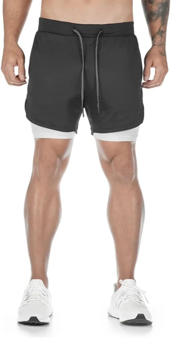 Men's Gym Shorts 2 in 1 Running Shorts with Pocket Quick Dry Athletic Workout Sport Pants