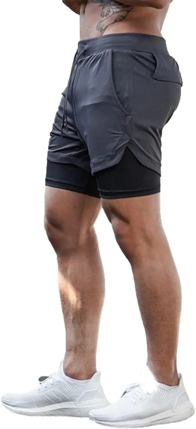 Men's Gym Shorts 2 in 1 Running Shorts with Pocket Quick Dry Athletic Workout Sport Pants