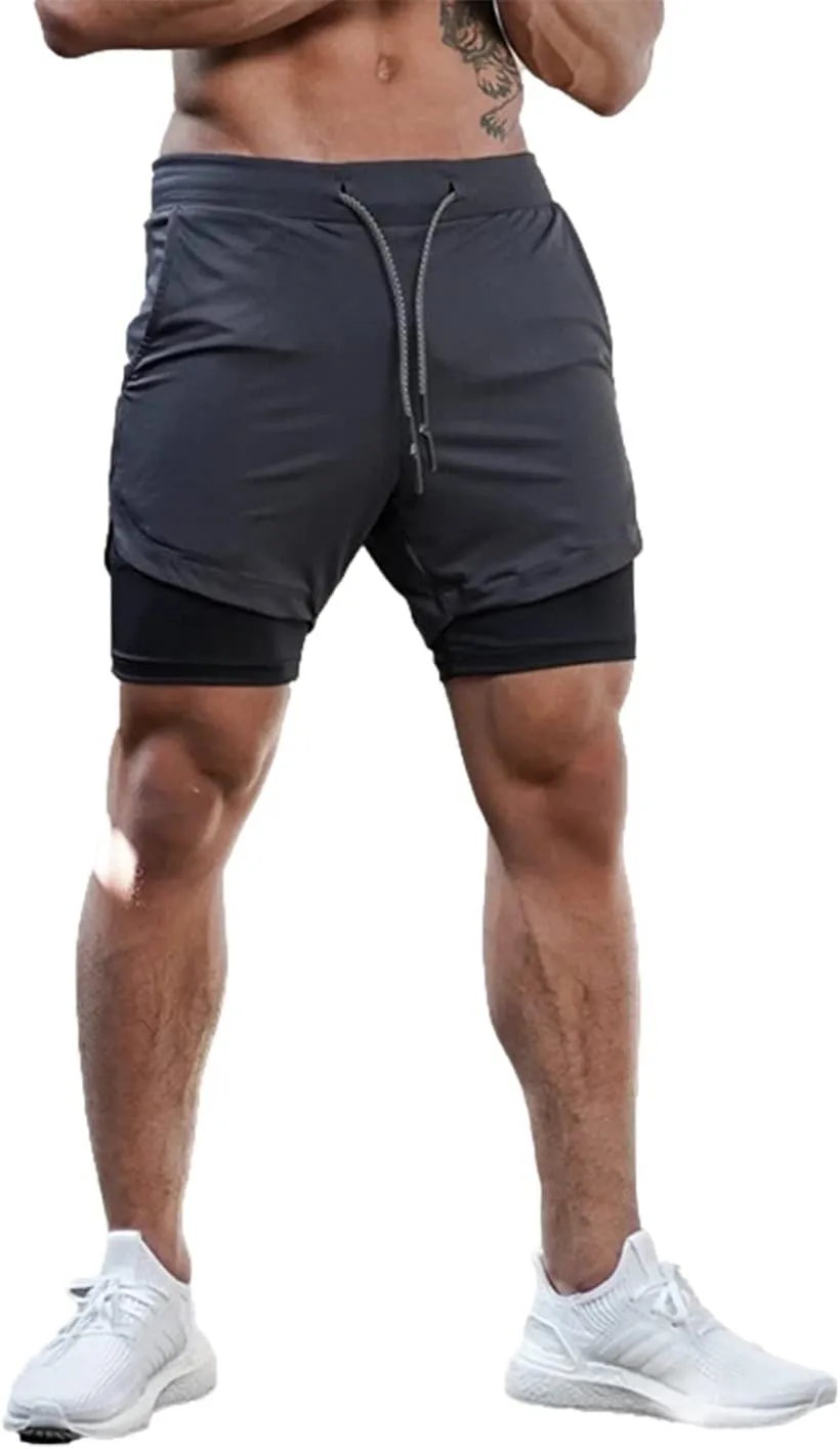 Men's Gym Shorts 2 in 1 Running Shorts with Pocket Quick Dry Athletic Workout Sport Pants