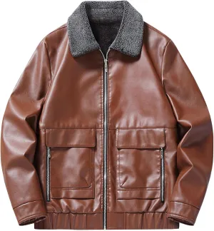 Men's Lapel Collar Faux Leather Jacket Lightweight Waterproof Windproof Bomber Coats Oversize Motorcycle Jackets