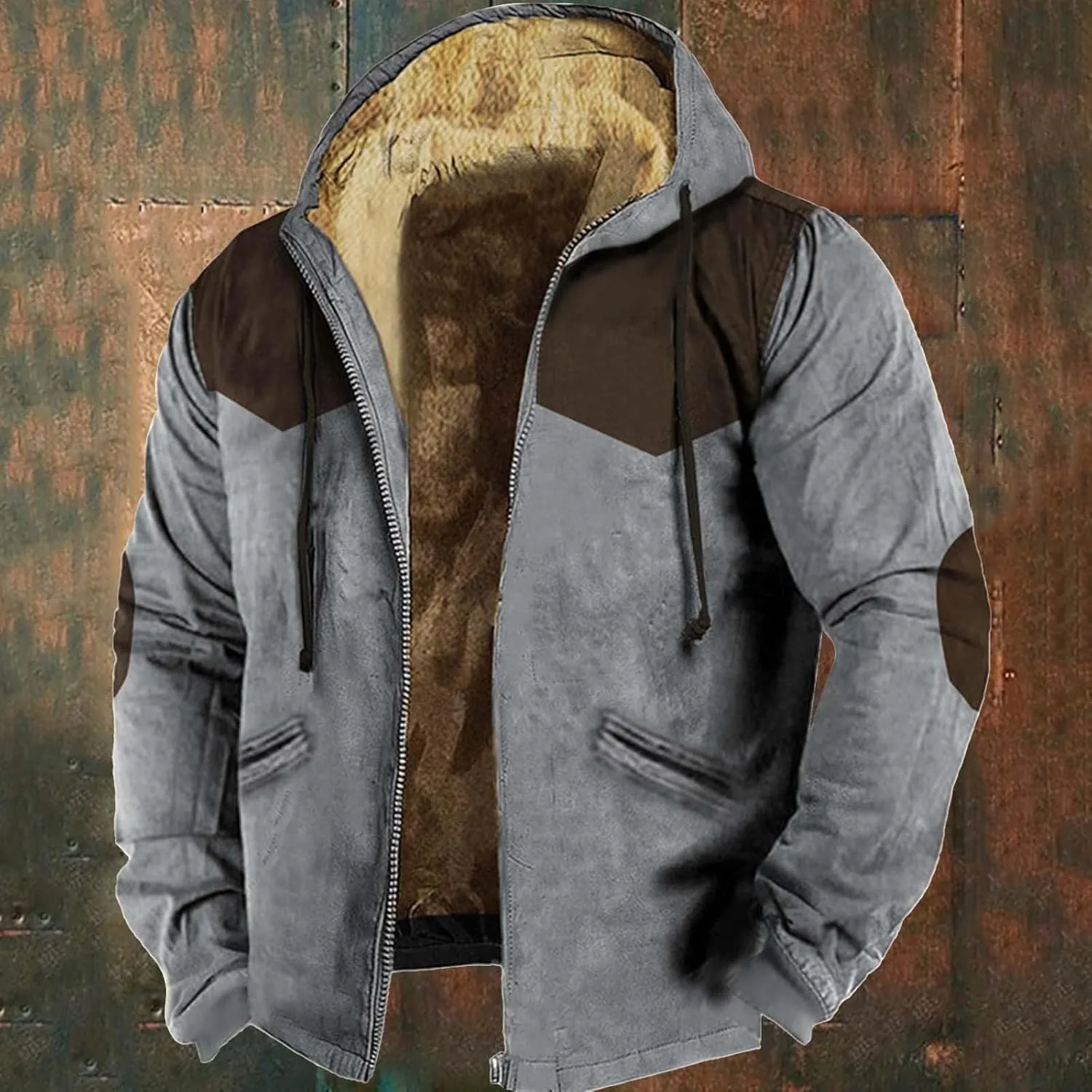 Mens Long Sleeve Zipper Fleece Jackets Winter Thick Warm Windbreak Plush Coats Fashion Patchwork Utility Cargo Jacket