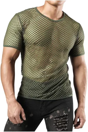 Men's Mesh Fishnet Top Fitted Beach Muscle Tee Shirts Sheer See Through Gym Workout T-Shirt Net Undershirt Clubwear