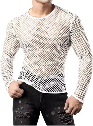 Men's Mesh Fishnet Top Fitted Beach Muscle Tee Shirts Sheer See Through Gym Workout T-Shirt Net Undershirt Clubwear