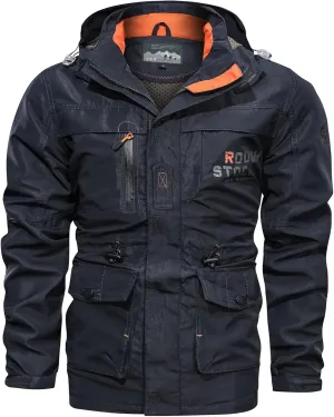 Men's Military Style Jacket Utility Hooded Lightweight Mid-Long Bomber Work Jackets Casual Outwear with Multi Pockets
