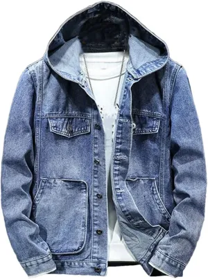 Men's Spring Autumn Hooded Denim Jacket Windproof Coats Large Pocket Sports Denim Jackets Solid Streetwear