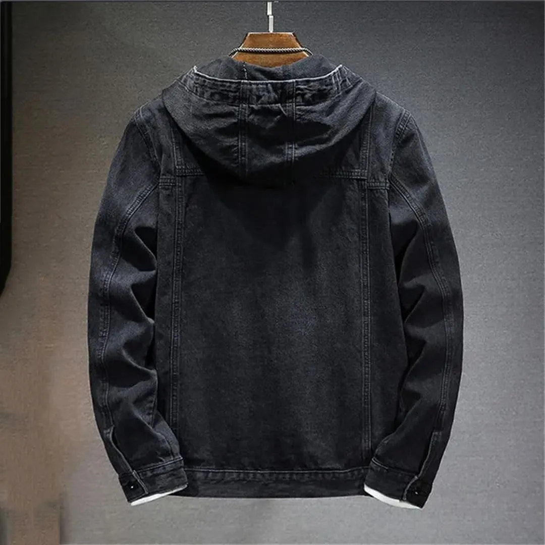 Men's Spring Autumn Hooded Denim Jacket Windproof Coats Large Pocket Sports Denim Jackets Solid Streetwear